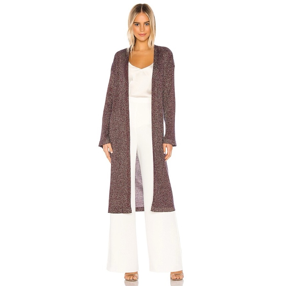 Camila Coelho Long Open-Front Cardigan in Burgundy Knit